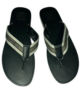 Coach Men's Black Flip Flops with khaki and black Stripe Webbing